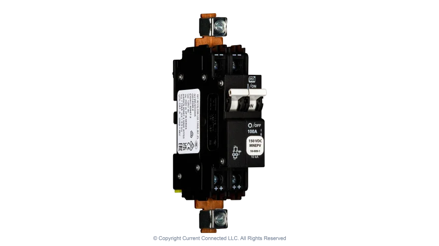 High quality photo of the Midnite Solar - MNEPV100 - 150Vdc Din-Rail Mount Polarized Circuit Breaker 100A - Angled View. Photographed by Current Connected