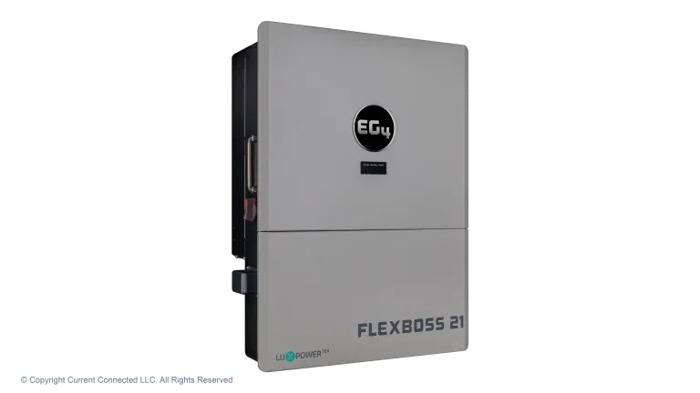 High quality photo of the EG4 - EG4B3S1GBBRKR90AV1 - FlexBOSS21 Hybrid Inverter - Angled Left View. Photographed by Current Connected