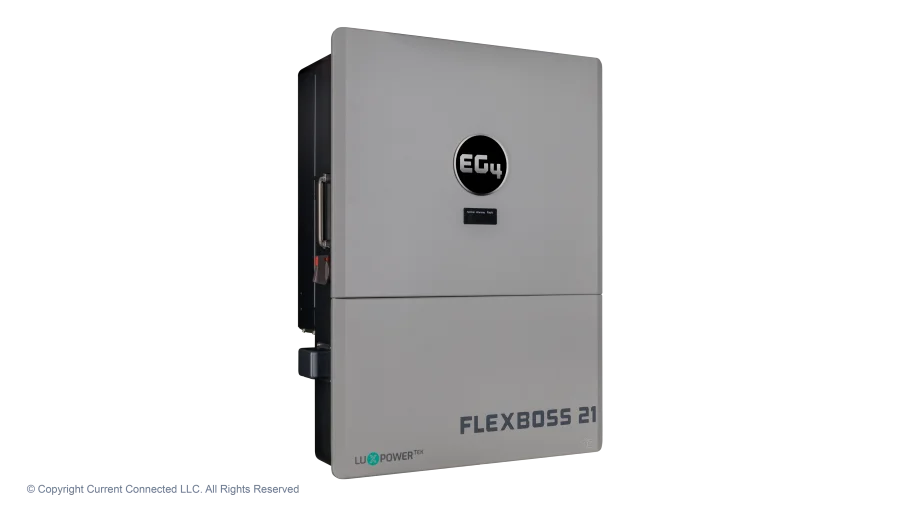 High quality photo of the EG4 - EG4B3S1GBBRKR90AV1 - FlexBOSS21 Hybrid Inverter - Angled Left View. Photographed by Current Connected