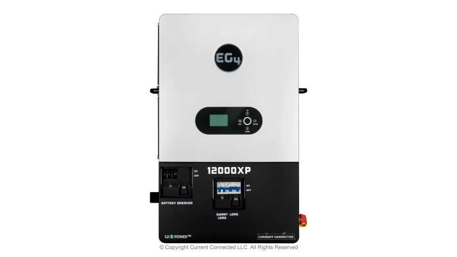 High quality photo of the View of the EG4 12000XP 48v split phase off-grid inverter photographed by Current Connected