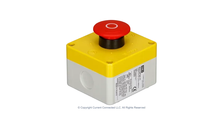 High quality photo of the IMO - BG10P34-11 - Emergency Stop Button/Twist Release 500VAC 1NO +1NC Angled View. Photographed by Current Connected