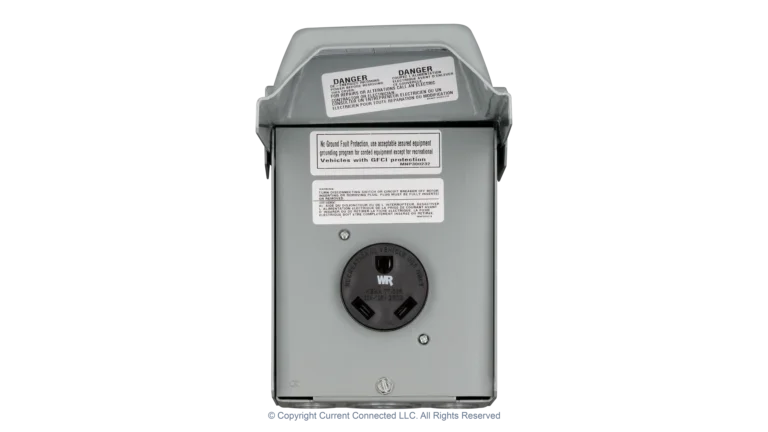 High quality photo of the Midwest - 784567575330 - 30A TT-30 Outdoor RV Outlet - Front Open. Photographed by Current Connected
