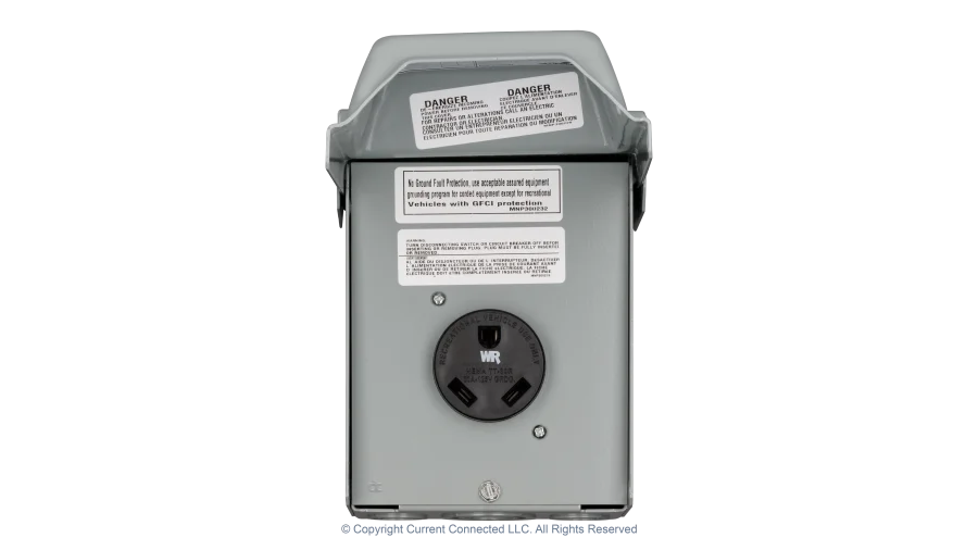 High quality photo of the Midwest - 784567575330 - 30A TT-30 Outdoor RV Outlet - Front Open. Photographed by Current Connected