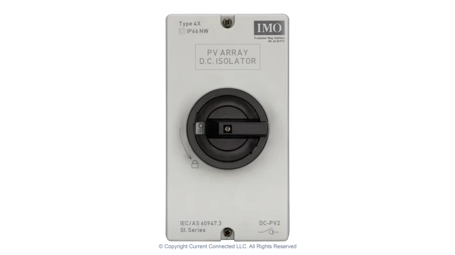 High quality photo of the IMO DC Disconnect Rooftop Isolator Switch 4 Pole - 2 String Front view. Photographed by Current Connected.