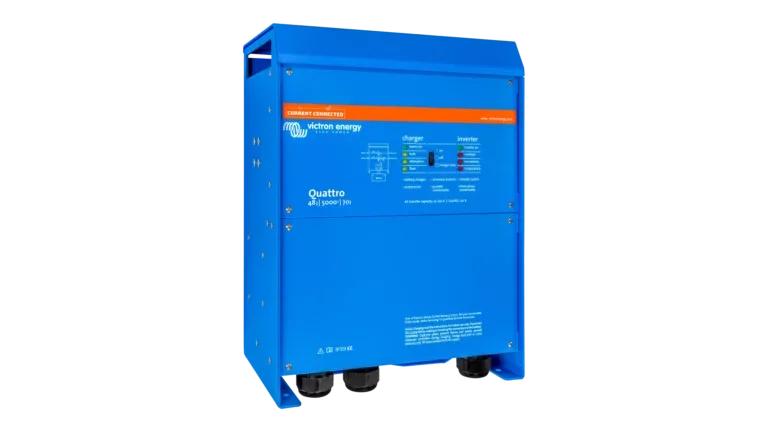 High quality photo of the Victron - PMP482505110 - Victron 48V Quattro 5kVA 120V Inverter 70A Charger – Angled Left View. Photographed by Current Connected