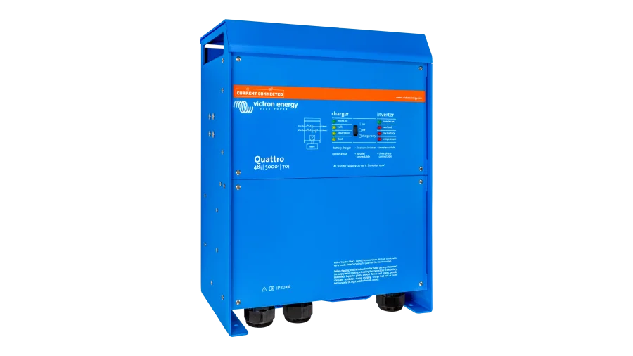 High quality photo of the Victron - PMP482505110 - Victron 48V Quattro 5kVA 120V Inverter 70A Charger – Angled Left View. Photographed by Current Connected
