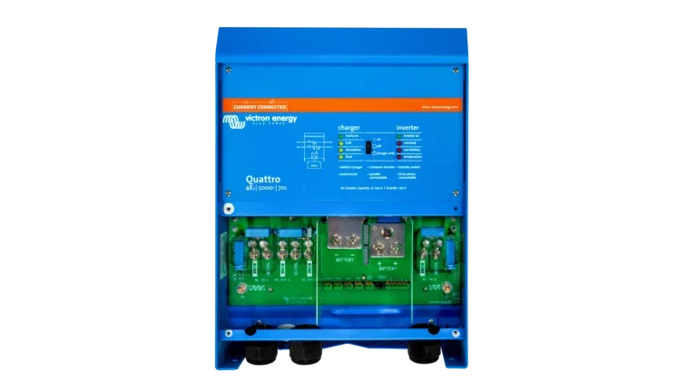 High quality photo of the Victron - PMP482505110 - Victron 48V Quattro 5kVA 120V Inverter 70A Charger – Wiring Access. Photographed by Current Connected