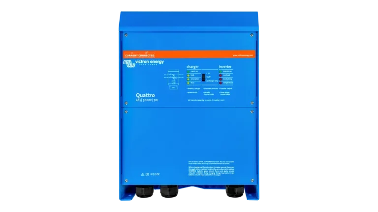 High quality photo of the Victron - PMP482505110 - Victron 48V Quattro 5kVA 120V Inverter 70A Charger – Front View. Photographed by Current Connected