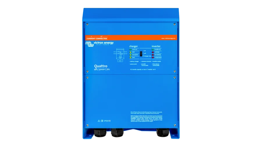 High quality photo of the Victron - PMP482505110 - Victron 48V Quattro 5kVA 120V Inverter 70A Charger – Front View. Photographed by Current Connected