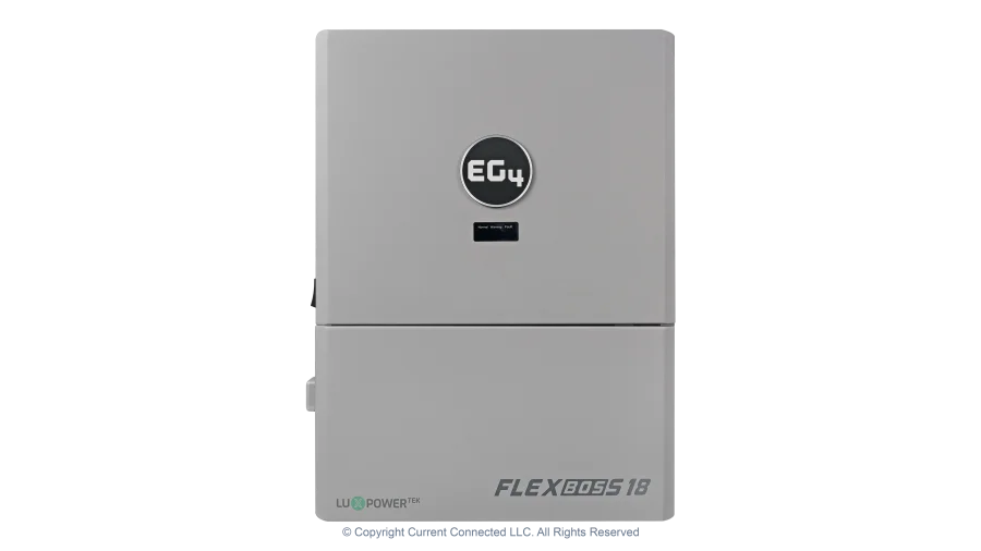 High quality photo of the EG4 - EG4INVFLXBOSS18V1 - FlexBOSS18 13kW AC Hybrid Inverter - Front View. Photographed by Current Connected