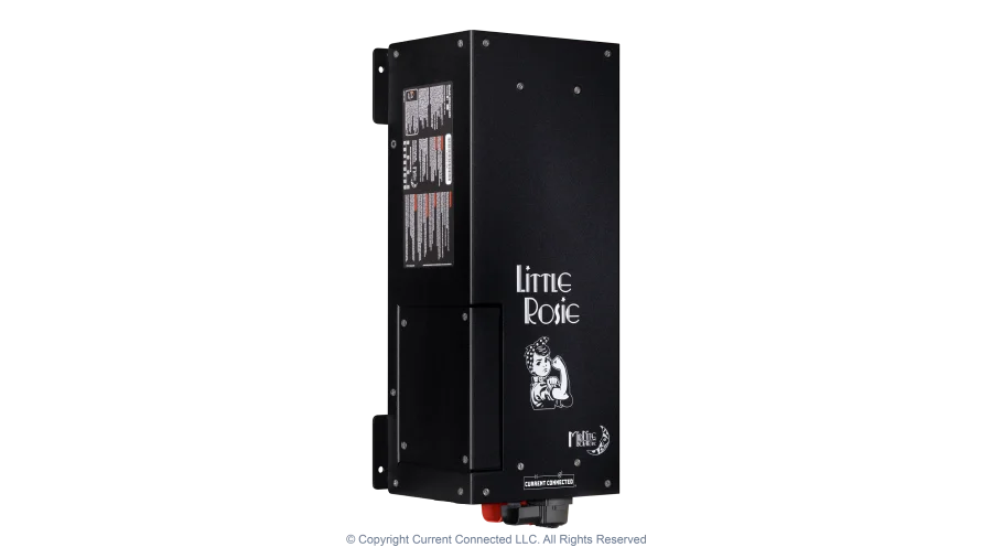 High quality photo of the Midnite Solar - MNLR3648M - Little Rosie 48V 3600W 120V Inverter-60A Charger - Left Angled View. Photographed by Current Connected