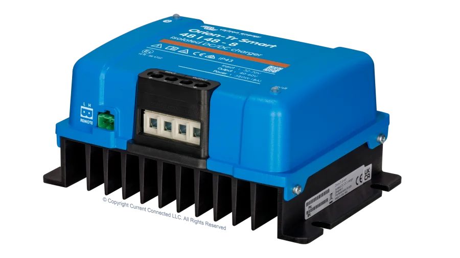 High quality photo of the Victron - ORI484838120 - Orion-TR Smart Isolated DC-DC Battery Charger - 48v 48v-8a - Angled Right View. Photographed by Current Connected
