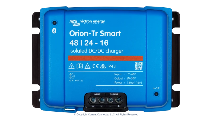 High quality photo of the Victron - ORI482438120 - Orion-TR Smart Isolated DC-DC Battery Charger - 48v 24v-16a - Top View. Photographed by Current Connected