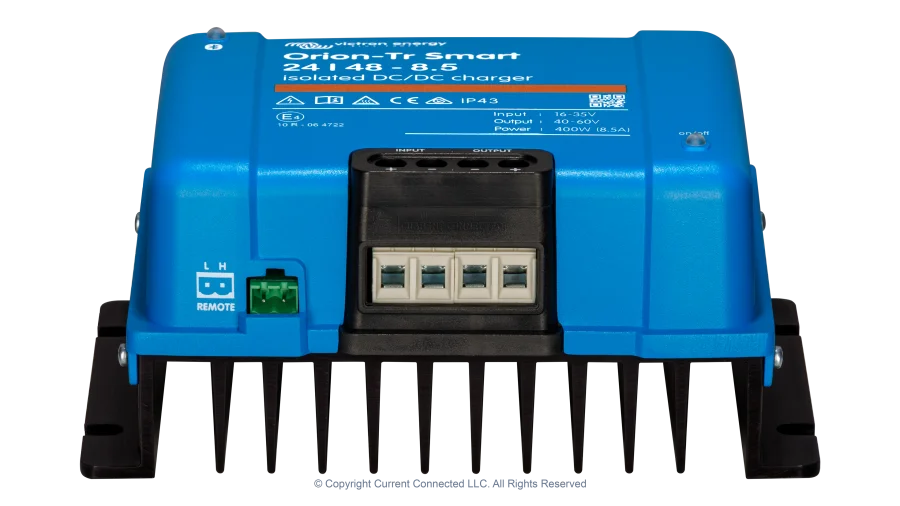 High quality photo of the Victron - ORI244840120 - Orion-TR Smart Isolated DC-DC Battery Charger - 24v 48v-8.5a - Angled Front View. Photographed by Current Connected