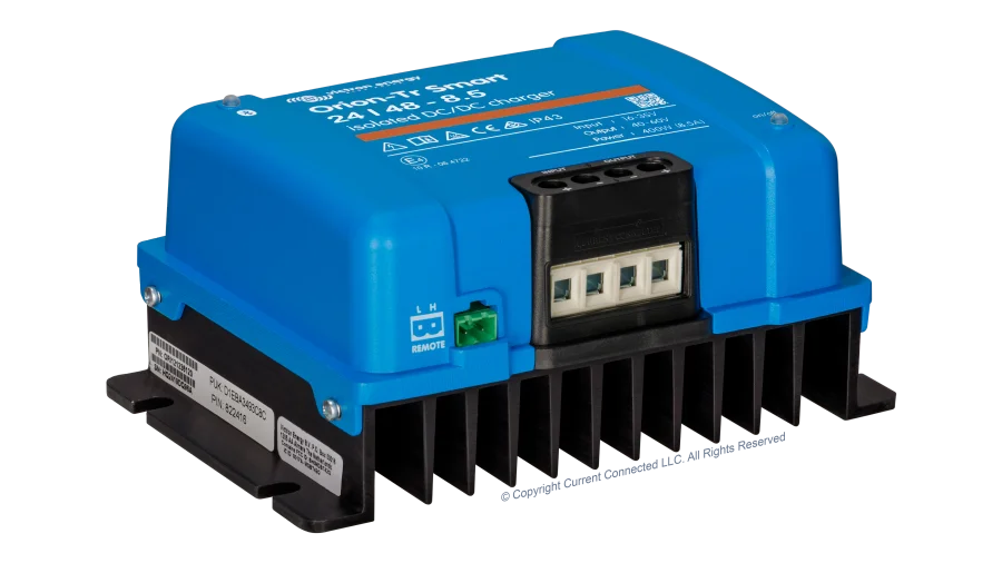 High quality photo of the Victron - ORI244840120 - Orion-TR Smart Isolated DC-DC Battery Charger - 24v 48v-8.5a - Angled Left View. Photographed by Current Connected