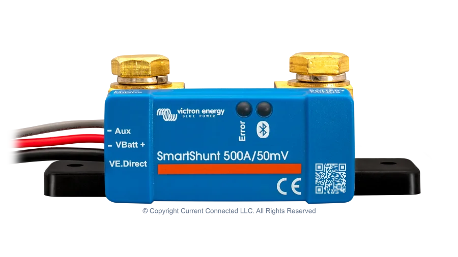 High quality photo of the Victron - SHU050150050 - SmartShunt 6.5-70VDC - 500A IP65 - Front view Photographed by Current Connected.