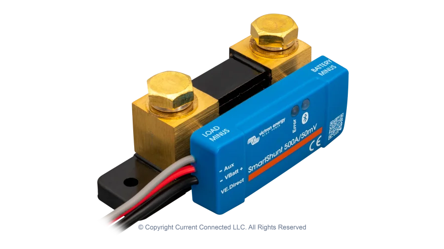 High quality photo of the Victron - SHU050150050 - SmartShunt 6.5-70VDC - 500A IP65 - Top Left view Photographed by Current Connected.