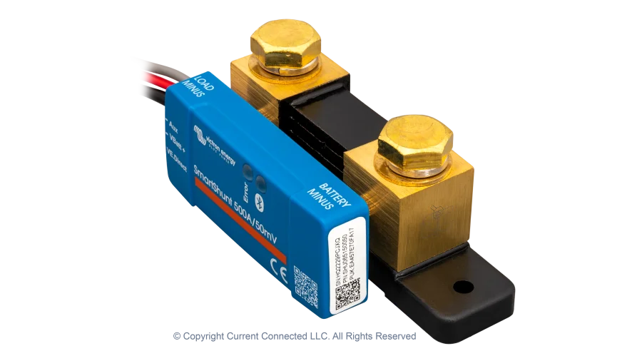 High quality photo of the Victron - SHU050150050 - SmartShunt 6.5-70VDC - 500A IP65 - Top Right view Photographed by Current Connected.