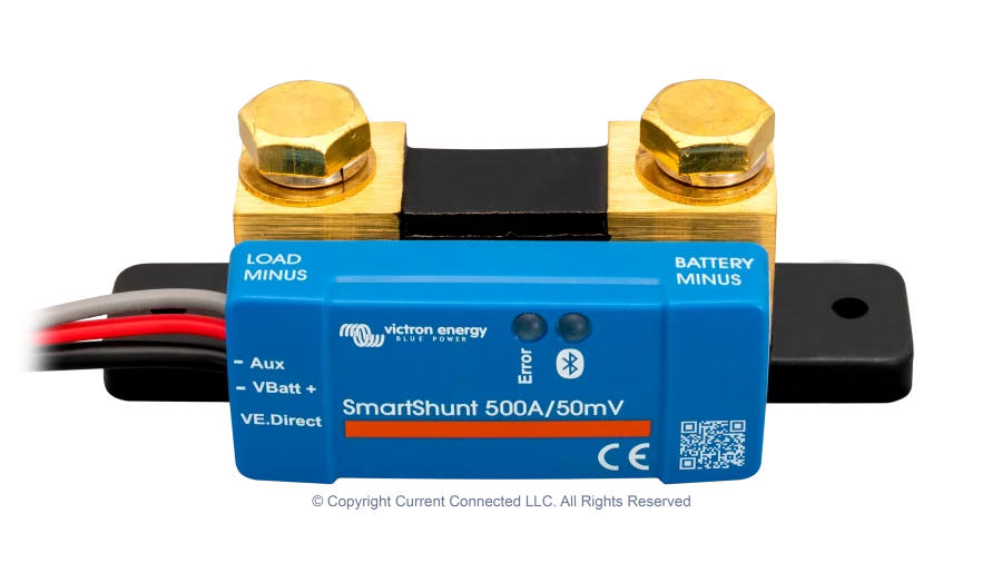 High quality photo of the Victron - SHU050150050 - SmartShunt 6.5-70VDC - 500A IP65 - Top view Photographed by Current Connected.