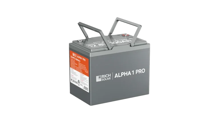 High quality photo of the Rich Solar - RS-B121SP - Rich Solar Alpha 1 Pro 12V 100Ah LiFePO4 Battery with the handles lifted. Photographed by Current Connected.
