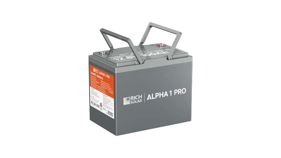 High quality photo of the Rich Solar - RS-B121SP - Rich Solar Alpha 1 Pro 12V 100Ah LiFePO4 Battery with the handles lifted. Photographed by Current Connected.