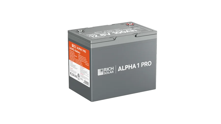 High quality photo of the Rich Solar - RS-B121SP - Rich Solar Alpha 1 Pro 12V 100Ah LiFePO4 Battery isolated left view. Photographed by Current Connected.
