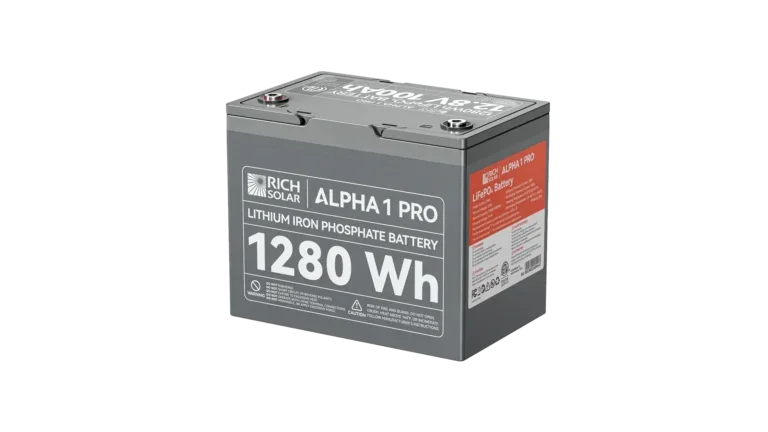 High quality photo of the Rich Solar - RS-B121SP - Rich Solar Alpha 1 Pro 12V 100Ah LiFePO4 Battery isolated right view. Photographed by Current Connected.