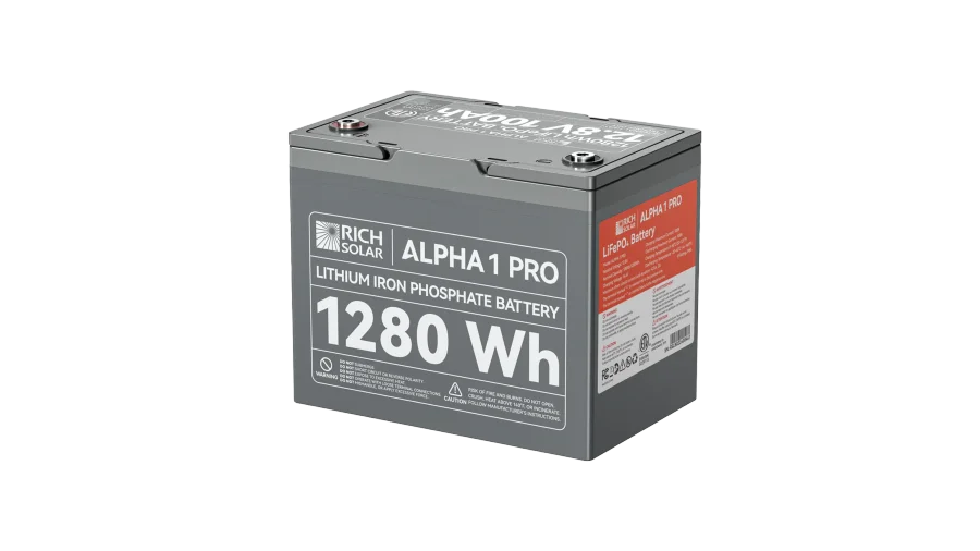 High quality photo of the Rich Solar - RS-B121SP - Rich Solar Alpha 1 Pro 12V 100Ah LiFePO4 Battery isolated right view. Photographed by Current Connected.