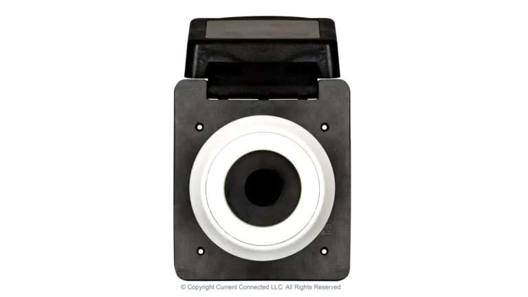 High quality photo of the Marinco 50A twist-lock power inlet with the door in the open position, photographed by Current Connected