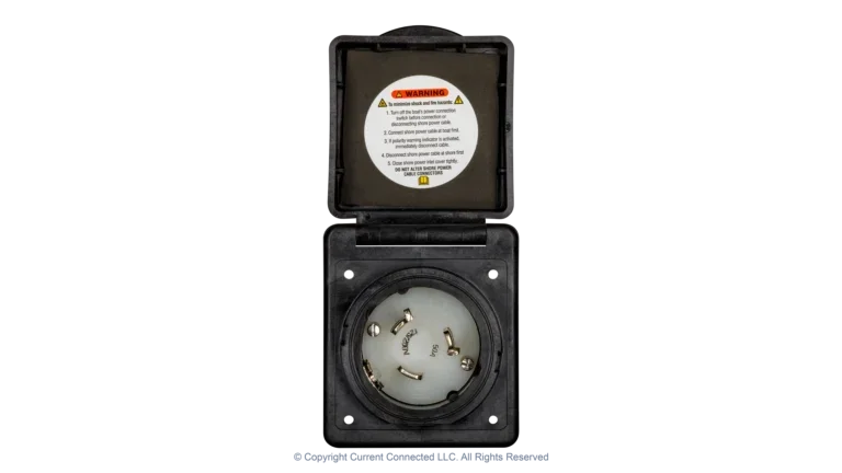 High quality photo of the Marinco 50A twist-lock power inlet with the door opened, photographed by Current Connected