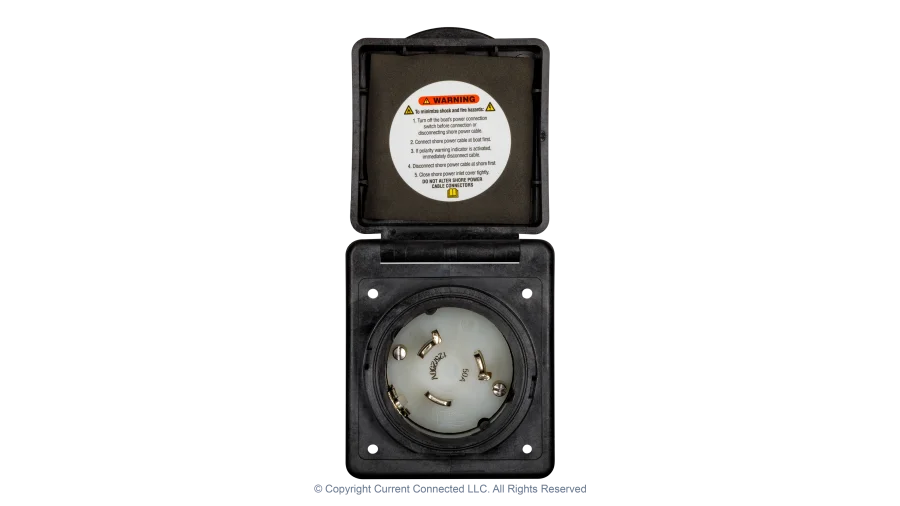 High quality photo of the Marinco 50A twist-lock power inlet with the door opened, photographed by Current Connected
