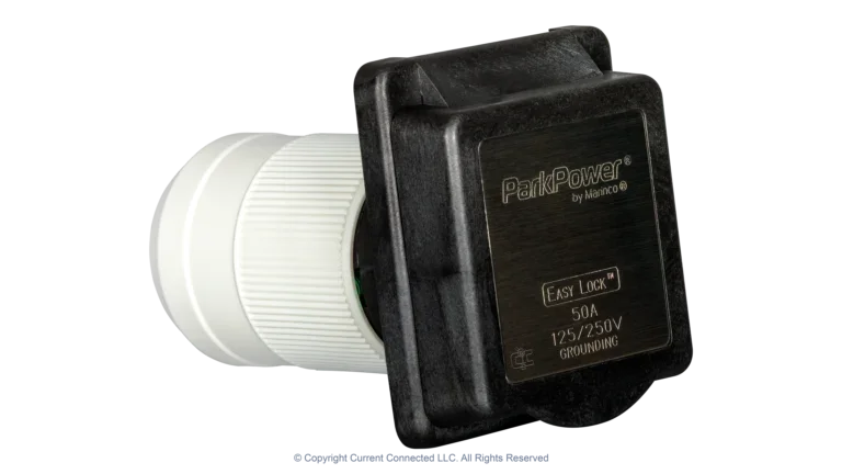 High quality photo of a Marinco 50A twist-lock power inlet, photographed by Current Connected