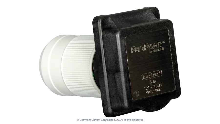 High quality photo of a Marinco 50A twist-lock power inlet, photographed by Current Connected