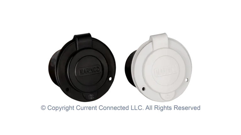 High quality photo of the Marinco - 150BBI.RV - 15A 125V Straight Blade Power Inlet - Both Black and White. Photographed by Current Connected.