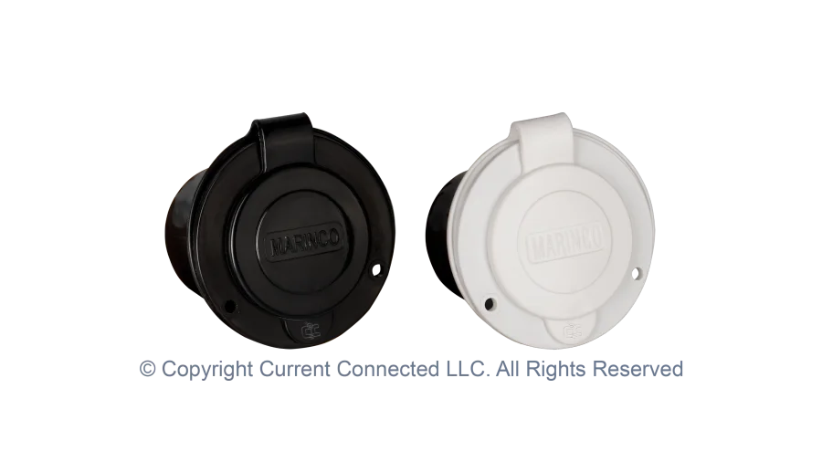 High quality photo of the Marinco - 150BBI.RV - 15A 125V Straight Blade Power Inlet - Both Black and White. Photographed by Current Connected.