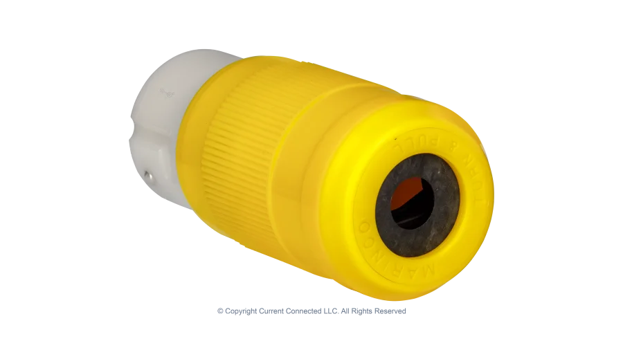 High quality photo of the cable gland end of a Marinco 50A twist-lock cord-end with the boot removed, photographed by Current Connected