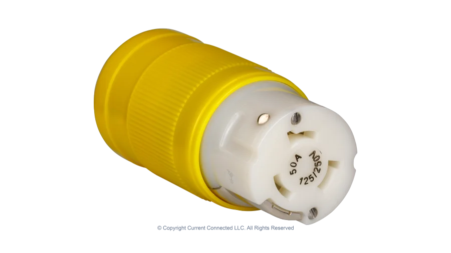 High quality photo of the Marinco 50A twist-lock cord-end with boot removed, photographed by Current Connected