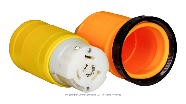 High quality isometric photo of a Marinco 50A twist-lock cord-end + boot kit, photographed by Current Connected
