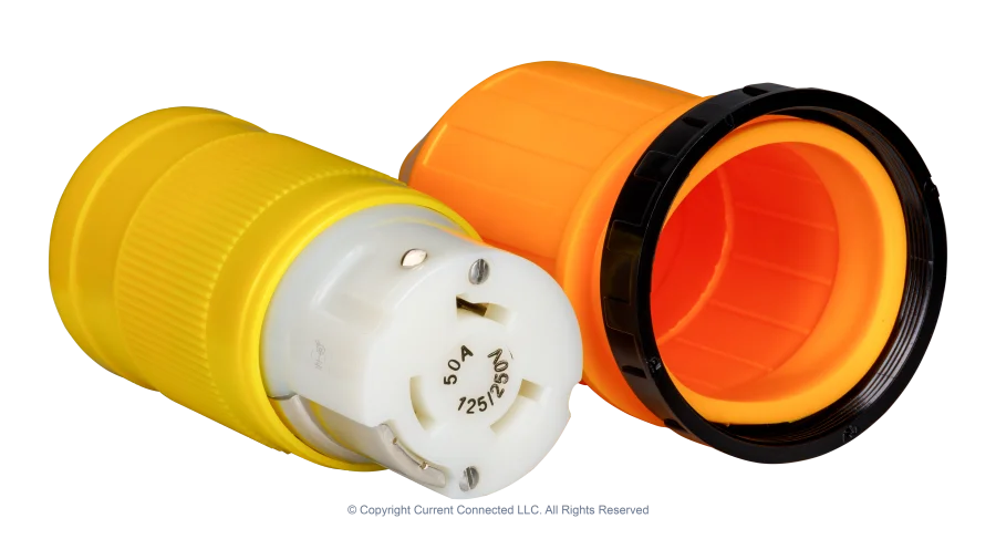 High quality isometric photo of a Marinco 50A twist-lock cord-end + boot kit, photographed by Current Connected