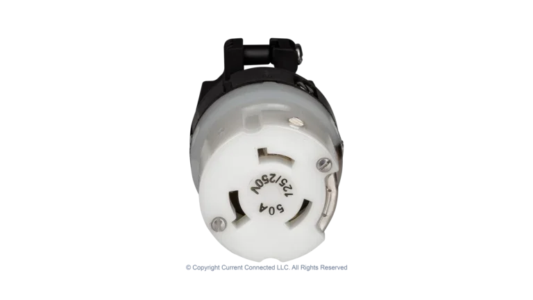 High quality photo of the contact side of a Marinco 50A twist-lock cord-end with the boot removed, photographed by Current Connected