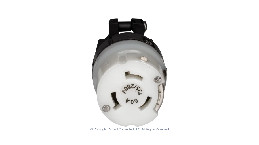 High quality photo of the contact side of a Marinco 50A twist-lock cord-end with the boot removed, photographed by Current Connected