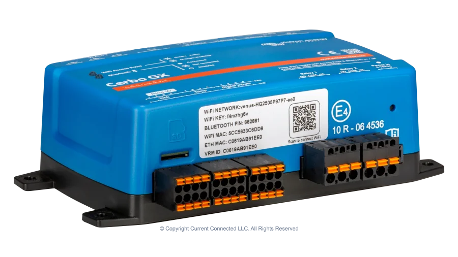 High quality photo of the digital and analog inputs on the bottom of the Victron BPP900451100 Cerbo GX MK2 System Controller - photographed by Current Connected