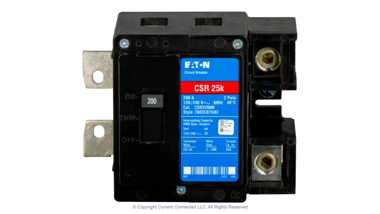 High quality photo of the Eaton - CSR2200N - CSR 200 Amp 2-Pole 25 kAIC Main Circuit Breaker - Front View. Photographed by Current Connected