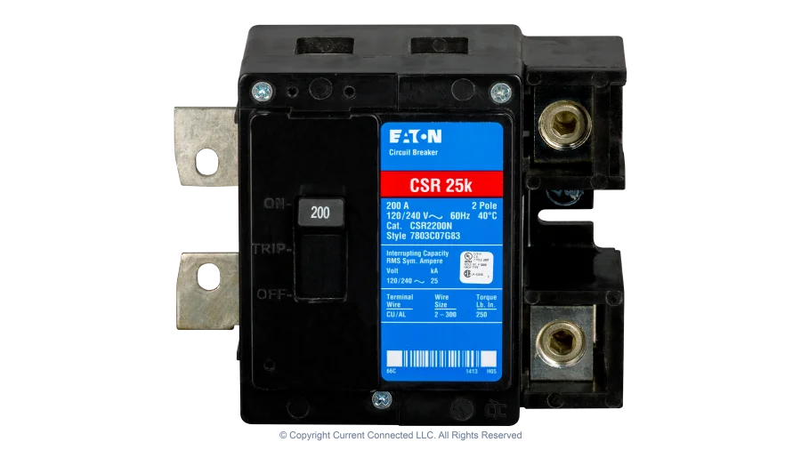 High quality photo of the Eaton - CSR2200N - CSR 200 Amp 2-Pole 25 kAIC Main Circuit Breaker - Front View. Photographed by Current Connected
