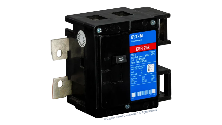 High quality photo of the Eaton - CSR2200N - CSR 200 Amp 2-Pole 25 kAIC Main Circuit Breaker - Angled Left View. Photographed by Current Connected