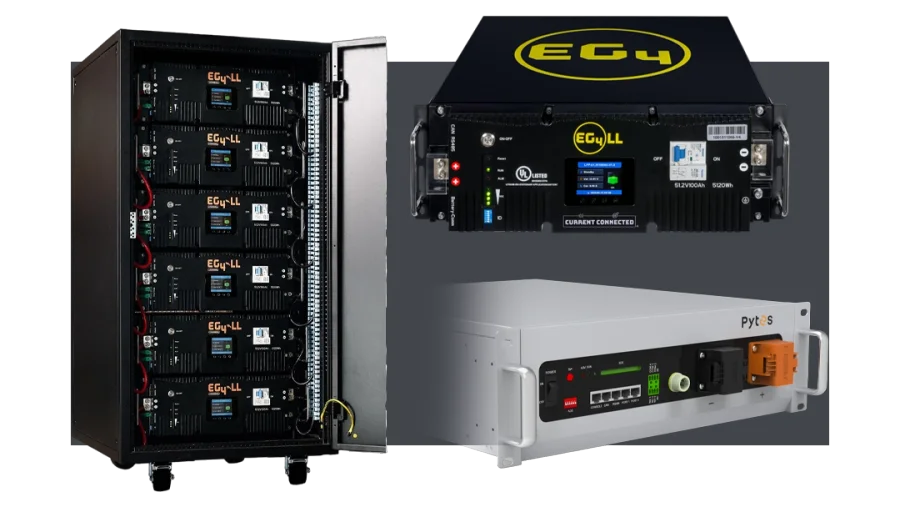 High quality photo of Batteries featured on Current Connected's website prominently featuring EG4 Products. Created by Current Connected for their shop categories.