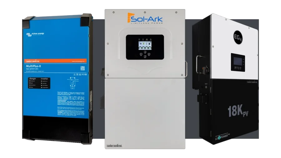 High quality photo of Inverters featured on Current Connected's website prominently featuring Sol-Ark, EG4, and Victron Products. Created by Current Connected for their shop categories.