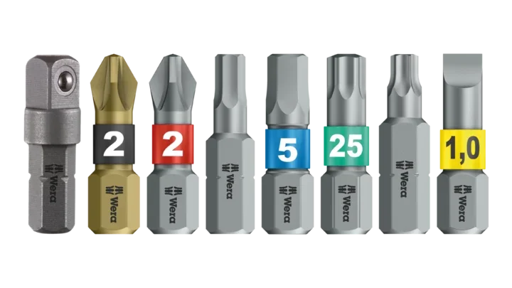 High quality photo of the Wera Tool-Check PLUS 1 Included Bits. Photo sourced by Current Connected from WERA Tools.