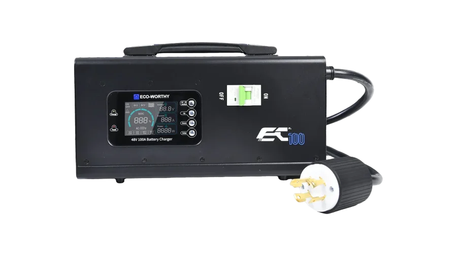 High quality photo of the ECO-WORTHY EC100 48V 100a Battery Charger Front View. Photo sourced by Current Connected from ECO-WORTHY.