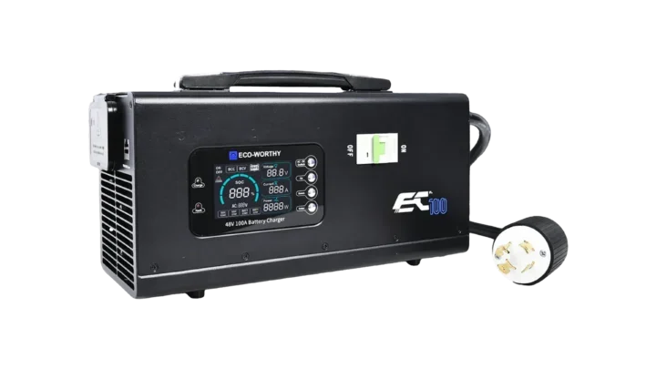 High quality photo of the ECO-WORTHY EC100 48V 100a Battery Charger Front Right View. Photo sourced by Current Connected from ECO-WORTHY.